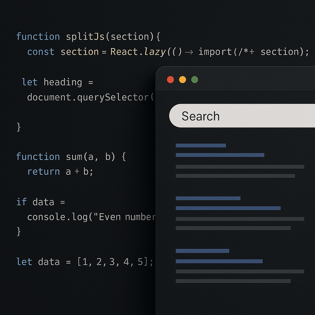 Minimalist dark-mode image showing a split screen with JavaScript code using a React.lazy() import function on the left and a stylized search engine results page on the right, representing the connection between JavaScript rendering and search engine optimization.